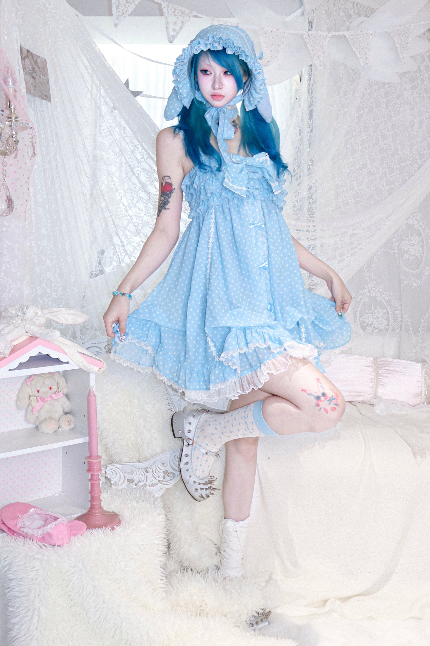 Dot design rabbit ear bonnet