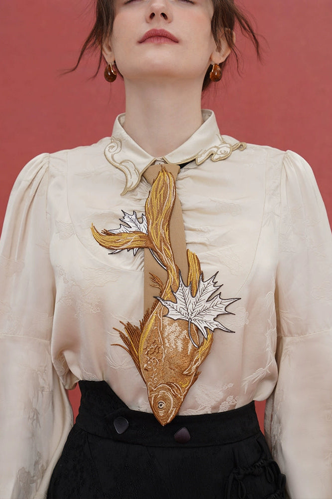 Kamo original Chinese style sinking fish fallen leaves tie women's matching shirt design sense niche embroidery bow tie accessories