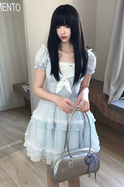 아이스 스위트 퍼프 시스루 레이스 원피스