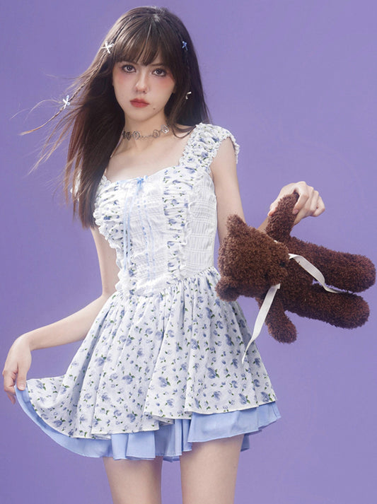 Blue Rose Floral Girly Tiered Dress