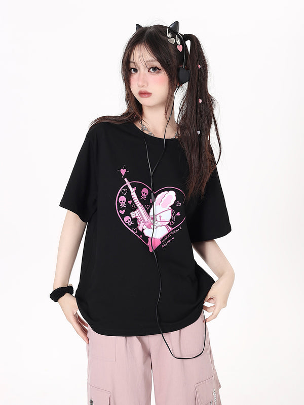 Original print drop shoulder T-shirt [Bear Heart Logo Rabbit]