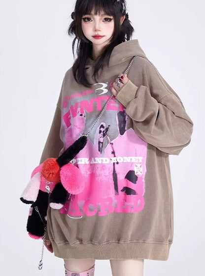 Oversized Retro Wash Print Hoodie