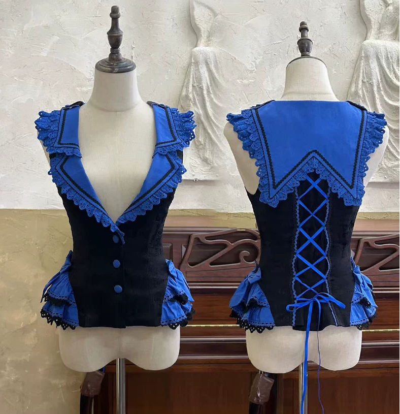 [Vorbestellfrist: 13. Juli] Kleinblaue Gothic-Lolita-Rüschen-Stufenkleid-Komplettset