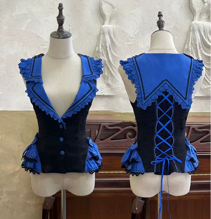 [Vorbestellfrist: 13. Juli] Kleinblaue Gothic-Lolita-Rüschen-Stufenkleid-Komplettset