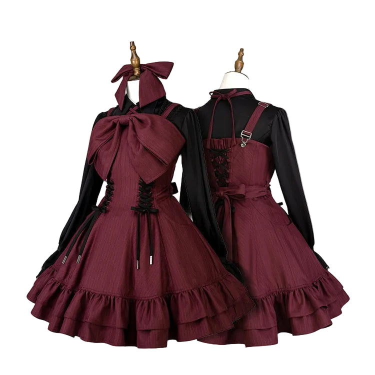 【12月26日予約締切】ゴシックロリータダークカラーストライプリボンサスドレス