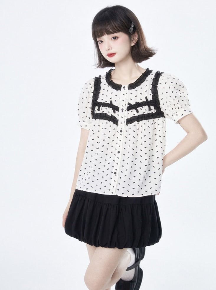 Lace color puff sleeve shirt