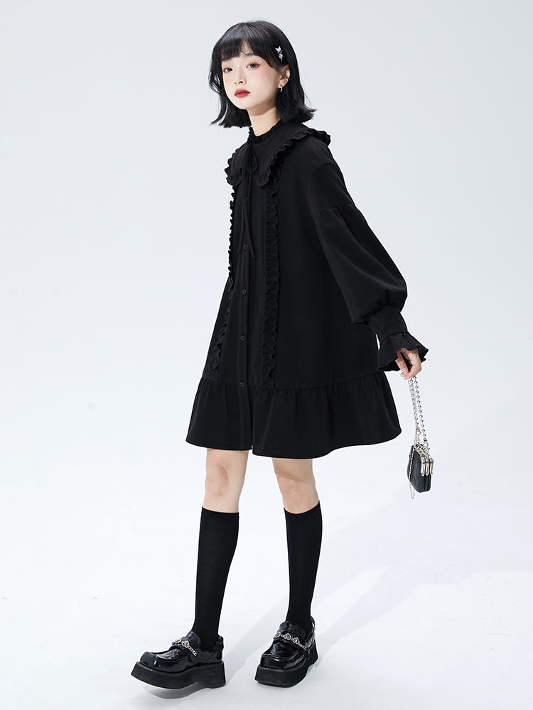 Volume sleeve ruffle dress with ruffled collar