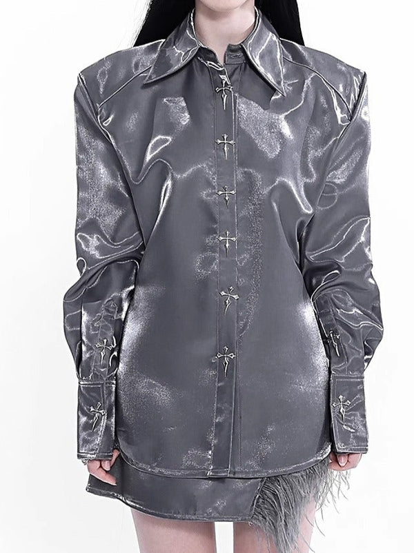 Metal Heavy Cut Flat Shoulder Slim Waist Cross Button Shirt