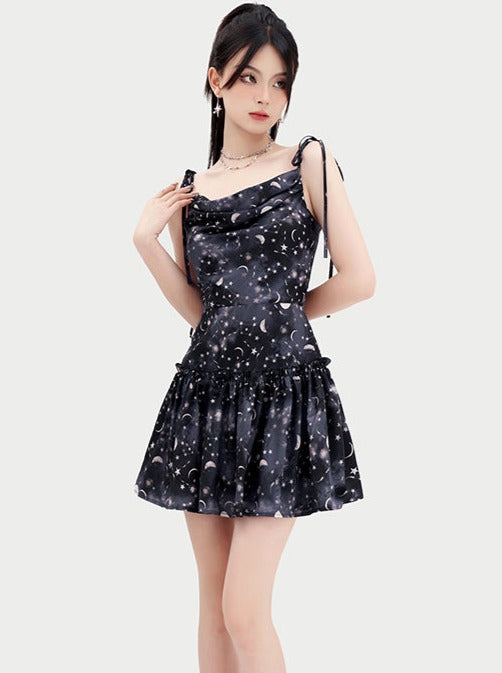 Dark Moon Star Neck Waist Slim Dress 