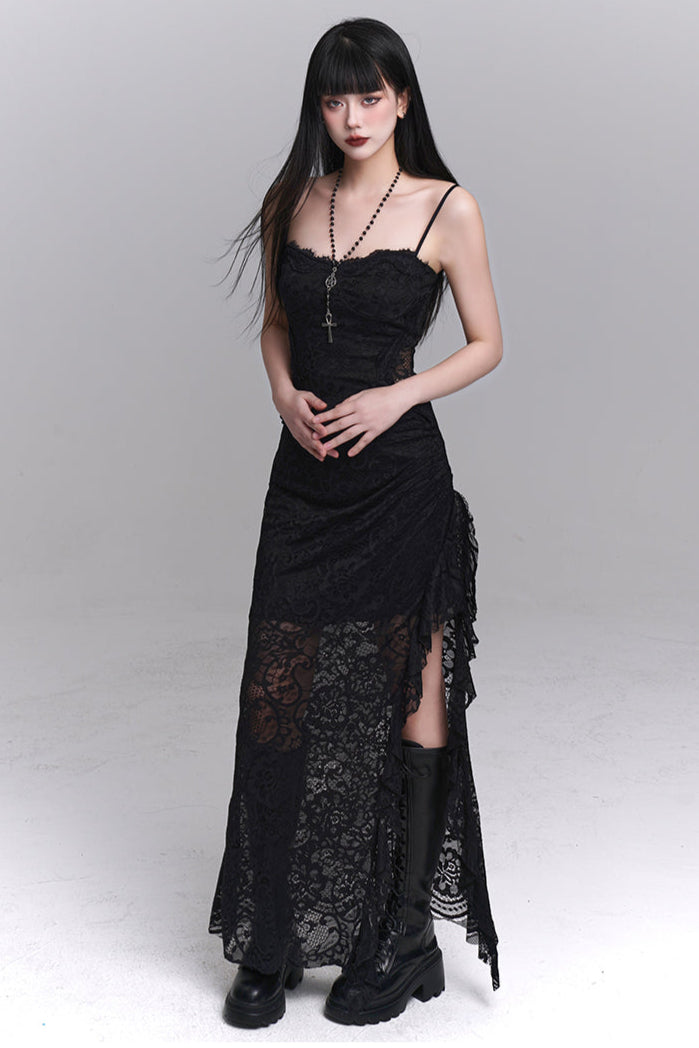 Dark Lace Slit Suspended Dress