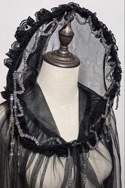 【10月28日予約締切】Black/White Gothic Lolita Sheer Lace Beaded Hooded Long Cape