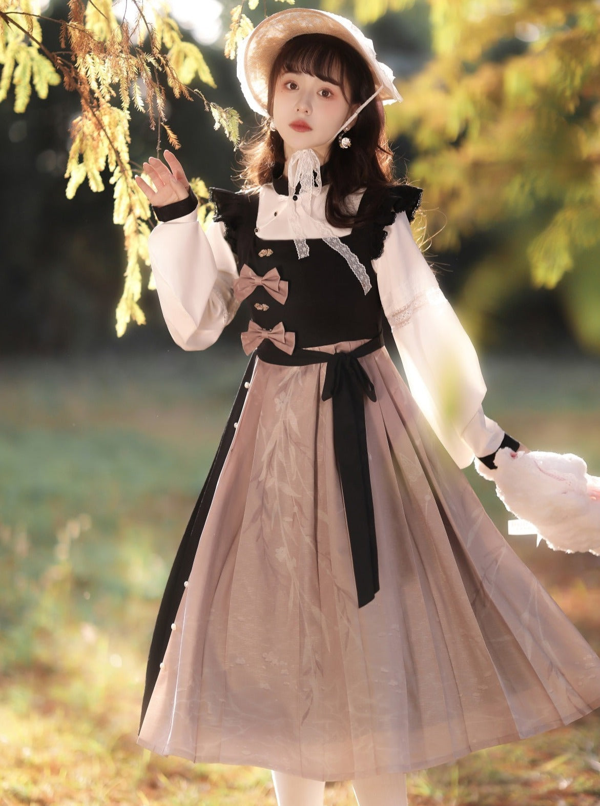 China Bow Suspender Skirt + Balloon Sleeve Blouse