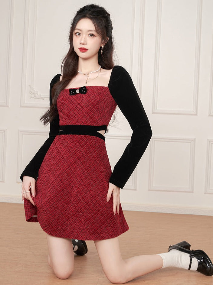 French Red Splicing Square Neck Waist Waist Design Dress