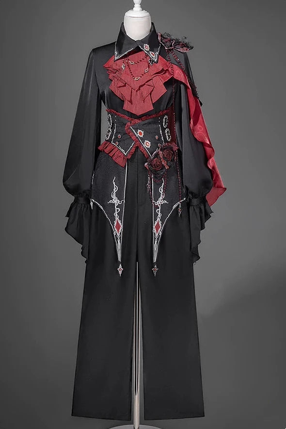 【10月8日予約締切】Ouji Fashion Black Red Gothic Ruffle Prince Lolita Full Set(Jewel Chain Ruffle Jabot Shirt + Rose Accessory Gothic Embroidered Corset Belt + Black Wide-Leg Pants + Rose Beaded One-Shoulder Cape)