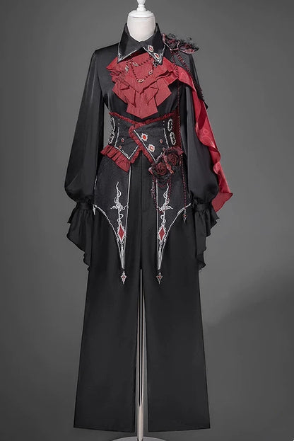 【10月8日予約締切】Ouji Fashion Black Red Gothic Ruffle Prince Lolita Full Set(Jewel Chain Ruffle Jabot Shirt + Rose Accessory Gothic Embroidered Corset Belt + Black Wide-Leg Pants + Rose Beaded One-Shoulder Cape)