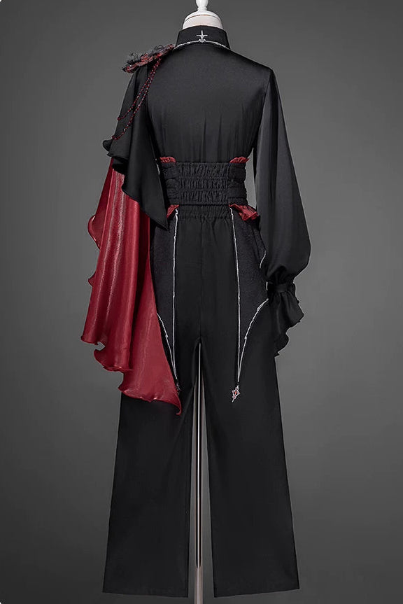 【10月8日予約締切】Ouji Fashion Black Red Gothic Ruffle Prince Lolita Full Set(Jewel Chain Ruffle Jabot Shirt + Rose Accessory Gothic Embroidered Corset Belt + Black Wide-Leg Pants + Rose Beaded One-Shoulder Cape)