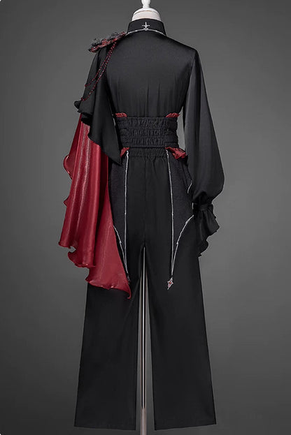 【10月8日予約締切】Ouji Fashion Black Red Gothic Ruffle Prince Lolita Full Set(Jewel Chain Ruffle Jabot Shirt + Rose Accessory Gothic Embroidered Corset Belt + Black Wide-Leg Pants + Rose Beaded One-Shoulder Cape)