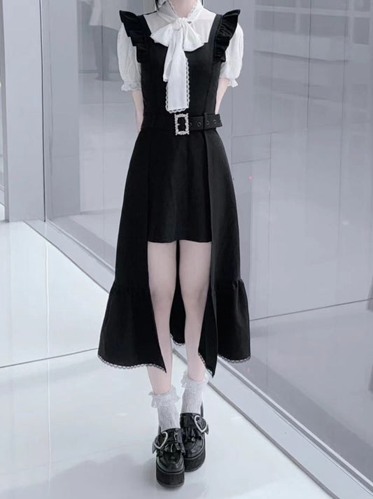 Clear Style Ruffle Suspender Skirt + Ribbon Blouse