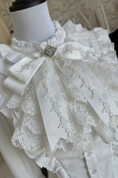 【9月28日予約締切】White/Black Gothic Lolita Lace Frill Bell Sleeve Shirt + Rose Lace Bow Jabot