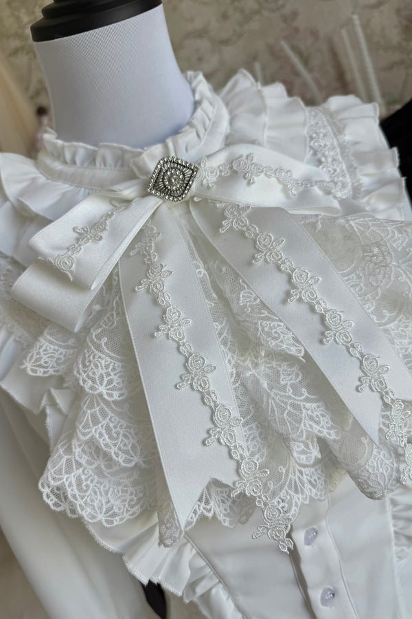 【9月28日予約締切】White/Black Gothic Lolita Lace Frill Bell Sleeve Shirt + Rose Lace Bow Jabot