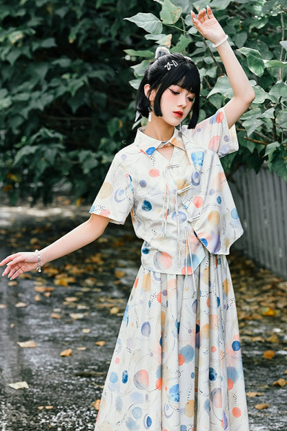 Chemise à revers imprimée rétro pop + jupe fraîche