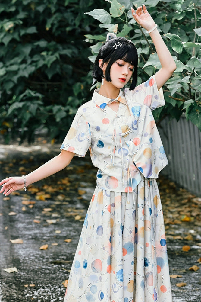 Chemise à revers imprimée rétro pop + jupe fraîche
