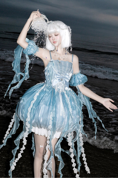 [Pre-order Deadline: September 5] Blue Fantasy Jellyfish Bow Ruffle Suspender Bubble Dress with Asymmetrical Hem+Puff Sleeves with Arm Sleeves