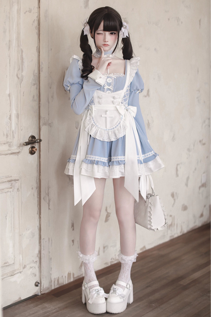 【4月15日预售截止】水蓝色医疗蕾丝交叉围裙连衣裙+项圈