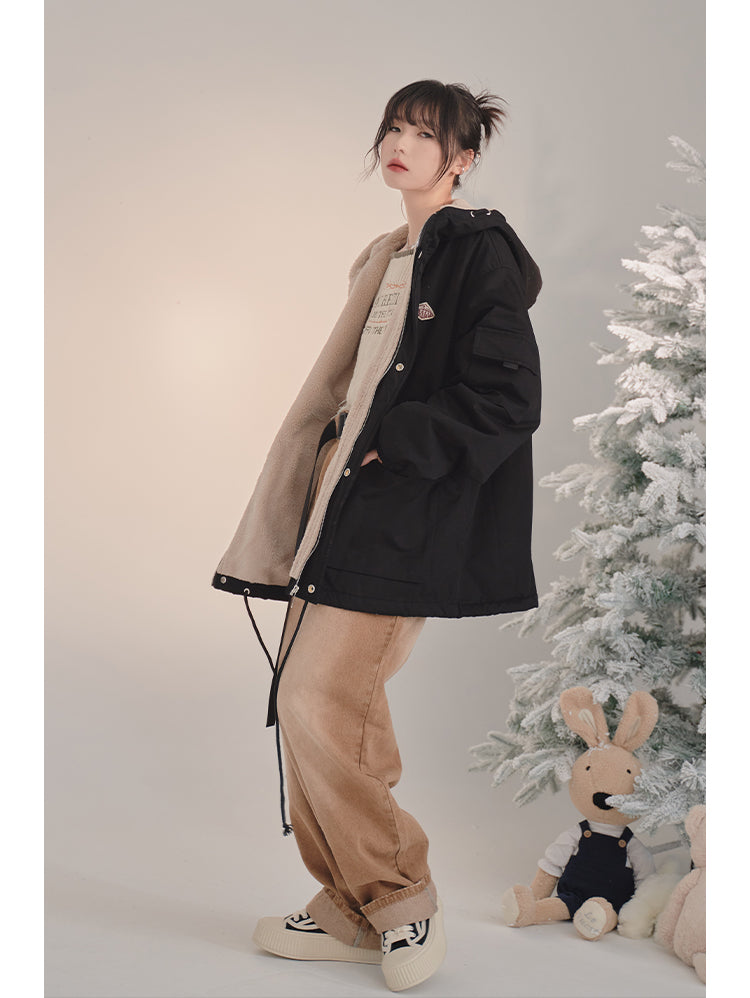 Hoodie Loose Boa Liner Cotton Jacket Coat