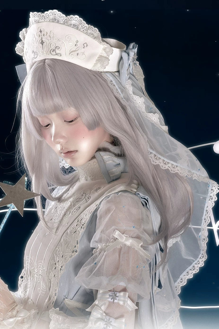 [Pre-order Deadline: September 23] Light Blue/Dark Blue Celestial Star Series Accessories (Ribbon Veil Hat, Ribbon Headband Kc, Wrist Cuffs, Choker)