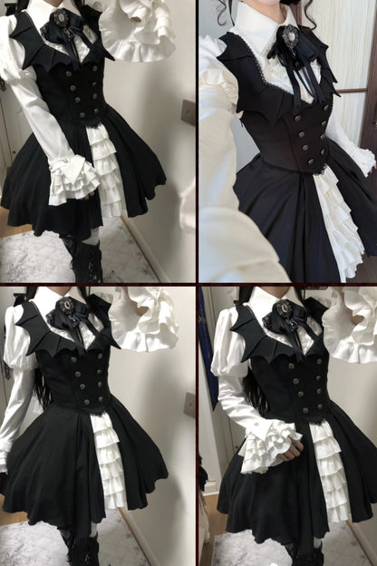 [Pre-order Deadline: October 29] Gothic Vampire Butler White Lace Flare Sleeve Shirt + Bat Collar Ruffle High-Low Lolita JSK Dress Set + Jewel Bow Tie
