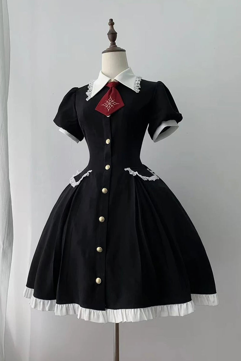 [Précommande jusqu'au 29 avril] Robe Lolita Gothic en dentelle noir x blanc avec cravate rouge Type A/B