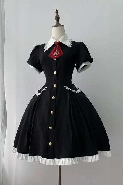 [Précommande jusqu'au 29 avril] Robe Lolita Gothic en dentelle noir x blanc avec cravate rouge Type A/B