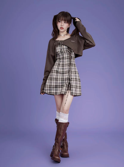 Logo Sweat Top + Check Lace-Up Camisole Dress