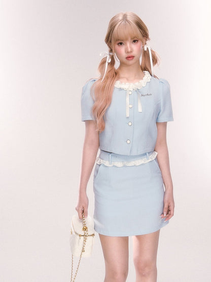 Ice Blue French Girly Top + Tight Skirt