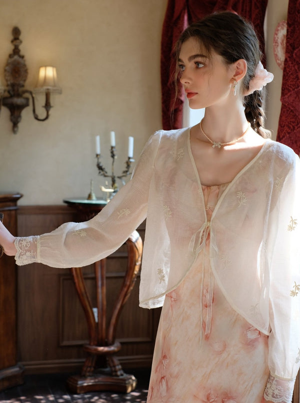 サスペンダーロングフラワーワンピース＋シアーブラウスカーディガン