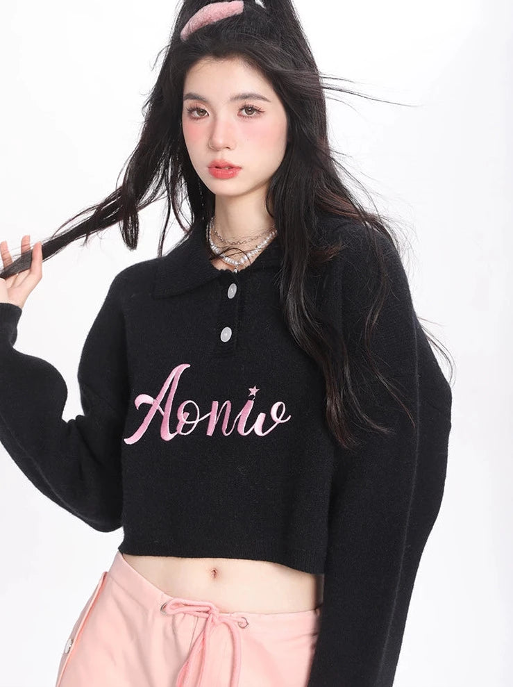 Polo collar letter embroidery short knit