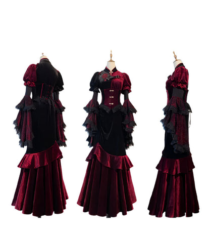 Graceful Black Red China Dark Elegant Long Dress