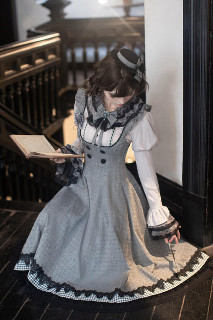 [Pre-order Deadline: May 19] Gray-Black Classic Lolita Top, JSK One-Piece & Bow Tie 3-Piece Ensemble