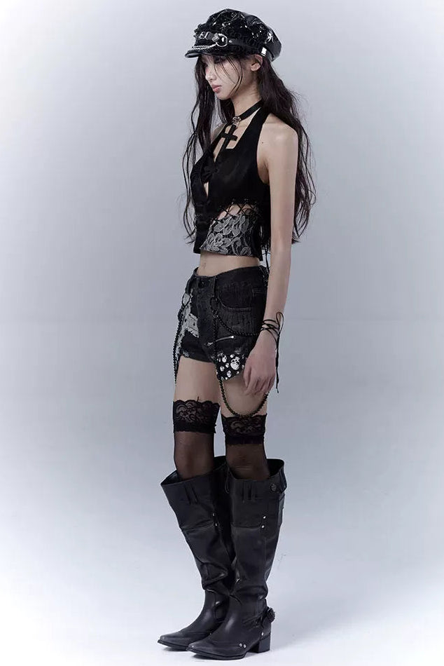 ダークレースパッチワークレザーキャミソール
