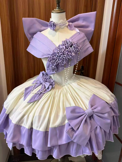 [Vorbestellfrist 28. Juni] Lila-weißes schulterfreies Princess-Lolita-Kleid mit Rosenband + Komplettset + Accessoires
