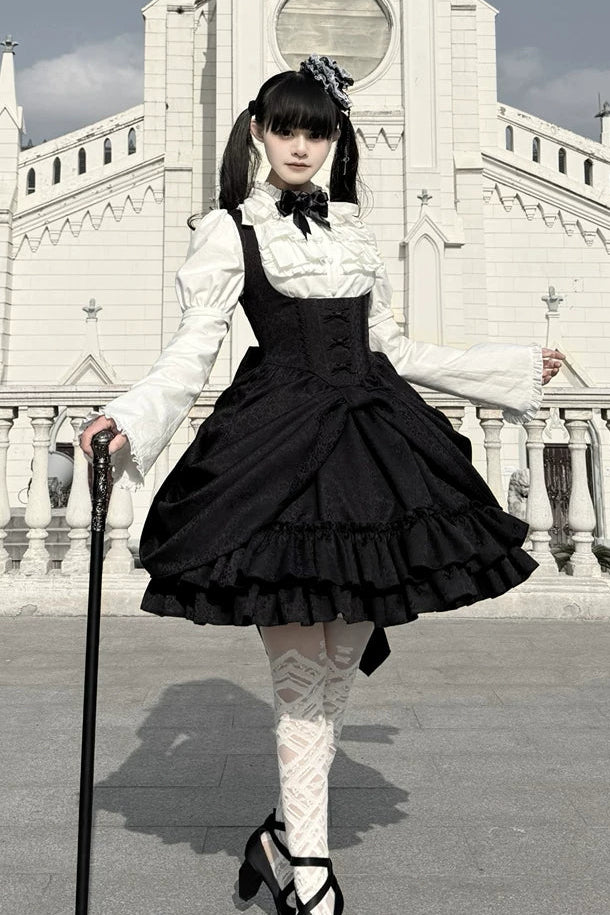 【4月18日予約締切】ダークゴシックロリータスタンドカラーパフスリーブラッフルシャツ（ロングスリーブ付き）