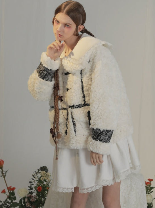 High Neck Color Jacquard Seam Fur Coat