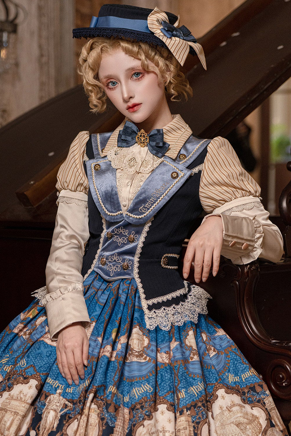 [Reservation Deadline: November 6] Beige Striped Short-Sleeve Lolita Shirt with Beautiful Embroidery and a Layered Lace Collar + Pair of Detachable Long Sleeves + Long-Sleeve Shirt (with Detachable Embroidered Collar)
