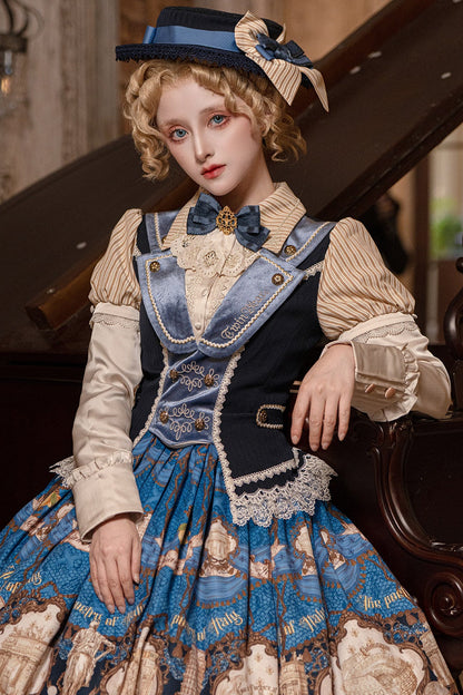 [Reservation Deadline: November 6] Beige Striped Short-Sleeve Lolita Shirt with Beautiful Embroidery and a Layered Lace Collar + Pair of Detachable Long Sleeves + Long-Sleeve Shirt (with Detachable Embroidered Collar)