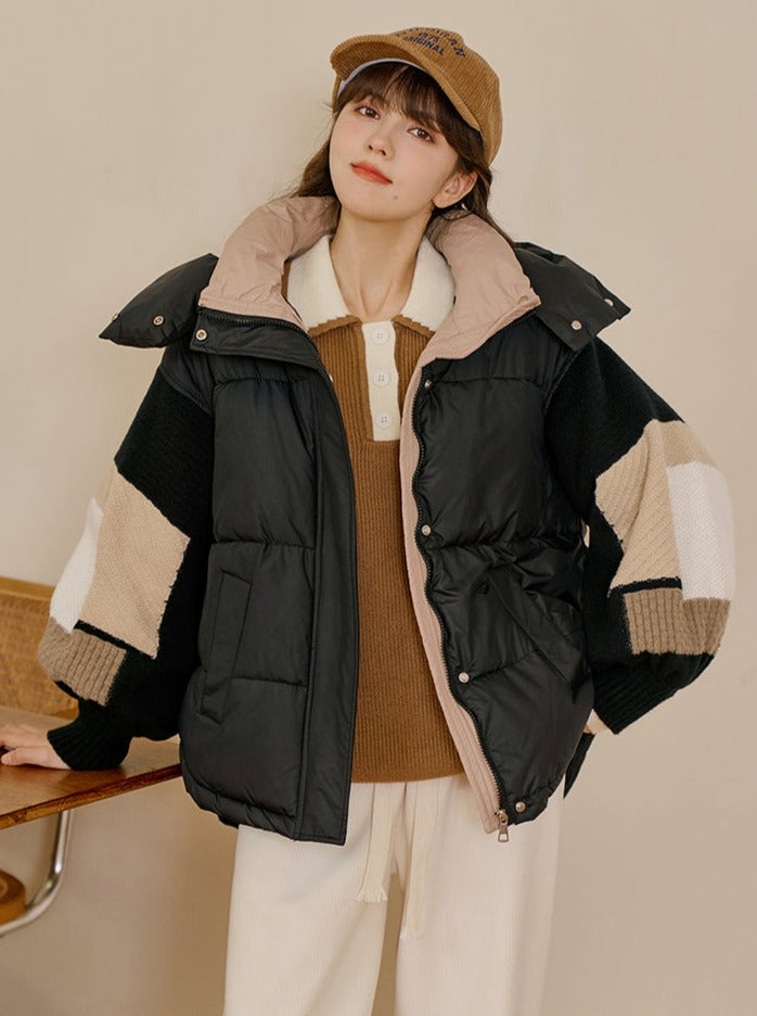 Bicolor Contrast Volume Hooded Down