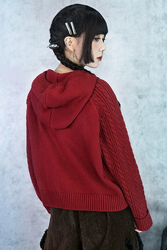 フーバットダークレッドニットフードパーカー