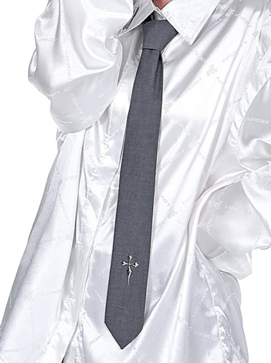 Shiny Satin Skull Logo Jacquard Black Shirt + Metal Cloth Gray Tie