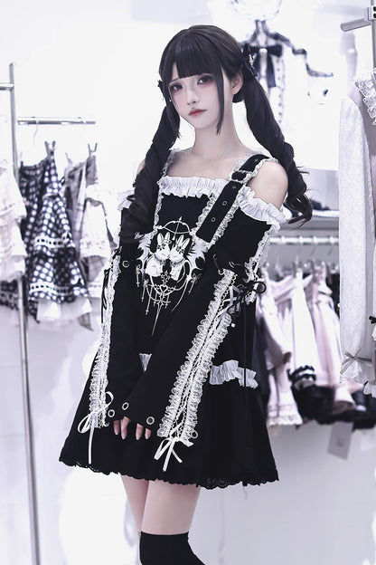 【9月15日予約締切】Dark Punk Gothic Rabbit Print Off Shoulder Long Sleeve Frill Lace Dress