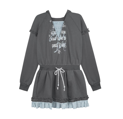 Gray-Blue Lace Hooded Dress